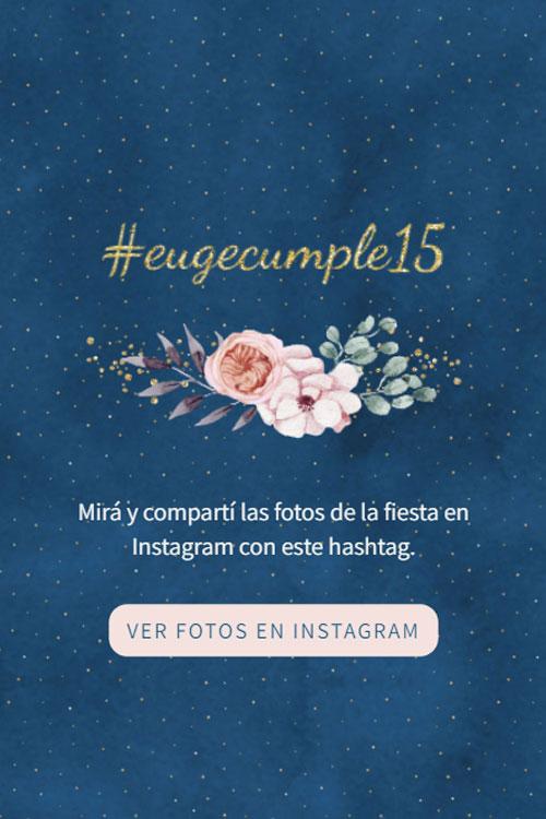 invitacion digital 15 años flores delicada glitter azul hashtag instagram
